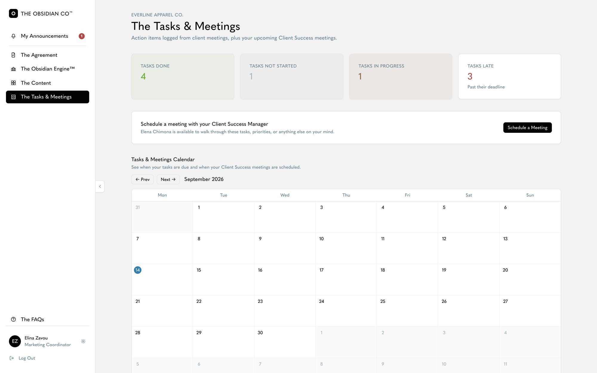 The Tasks and Meetings calendar in The Obsidian Portal
